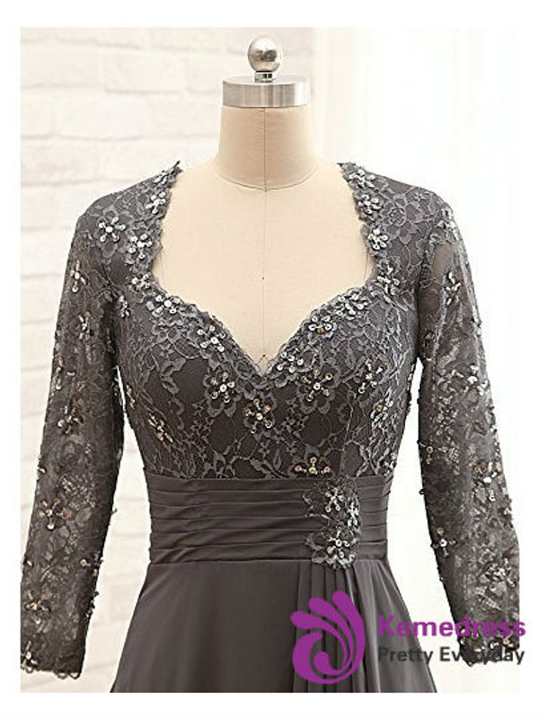 Popular Long Sleeves Beaded Lace Chiffon Mother of the Bride Dress