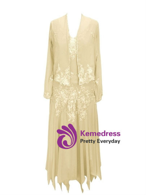 Elegance Long Sleeves Tea-Length Mother of the Bride Dress