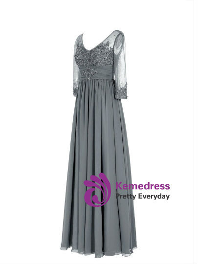 Fancy V-Neck Half Sleeves Appliques Long Mother of the Bride Dress