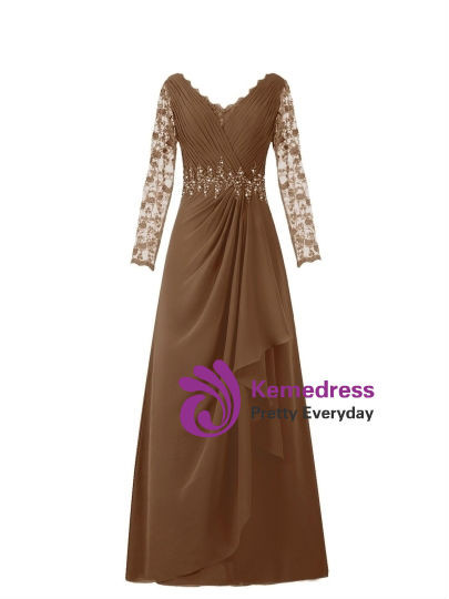 Dreamy  V-Neck Long Sleeve Lace Chiffon Mother of the Bride Dress