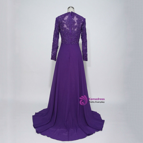 Purple Chiffon Long Sleeves Appliques Mother of the Bride Dresses