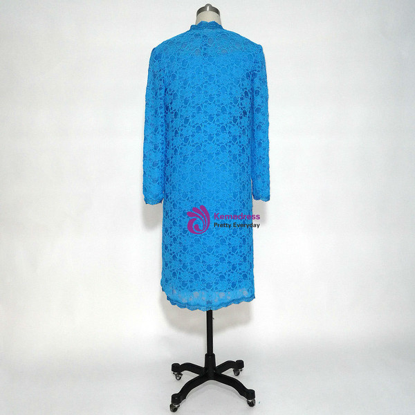 Adorable Blue Lace Knee Length Mother of the Bride Dresses Sheer with 3/4 Sleeves Long Jacket