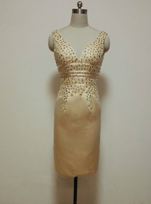 New arrivals  V-neck Crystals Formal Dresses Knee Length Mother of the Bride Dresses