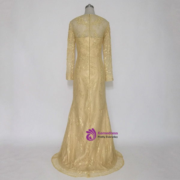 Fashion Gold Lace Long Sleeves Mother of the Bride Dresses Beaded Mermaid
