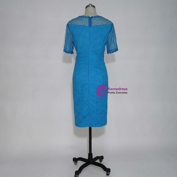 Best Blue Lace Short Evening Dresses Short Sleeves Mother of the Bride Dresses