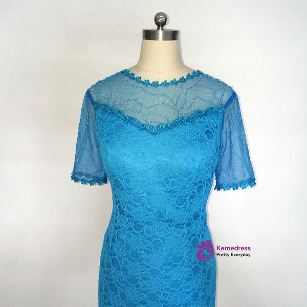 Best Blue Lace Short Evening Dresses Short Sleeves Mother of the Bride Dresses