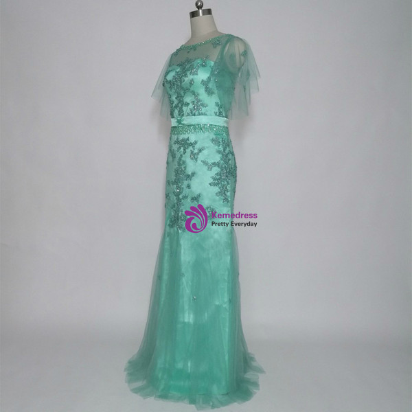 Unique Green Tulle Beaded Appliques Long Mother of the Bride Dresses