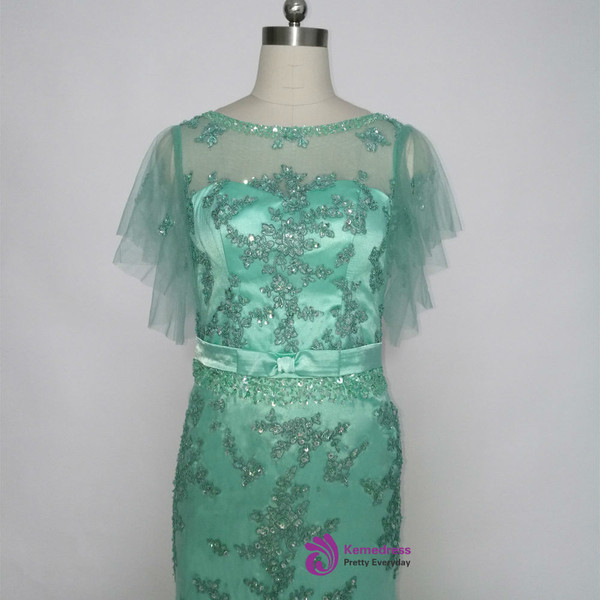 Unique Green Tulle Beaded Appliques Long Mother of the Bride Dresses=