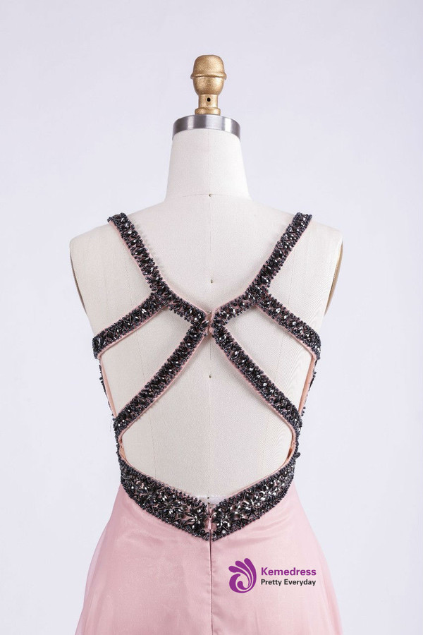 2017 New Arrival Sweetheart Spaghetti A-line Open Back Chiffon Beading Prom Party Dress