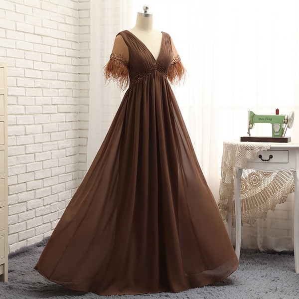 Cheap Brown 2017 Mother Of The Bride Dresses A-line V-neck Chiffon