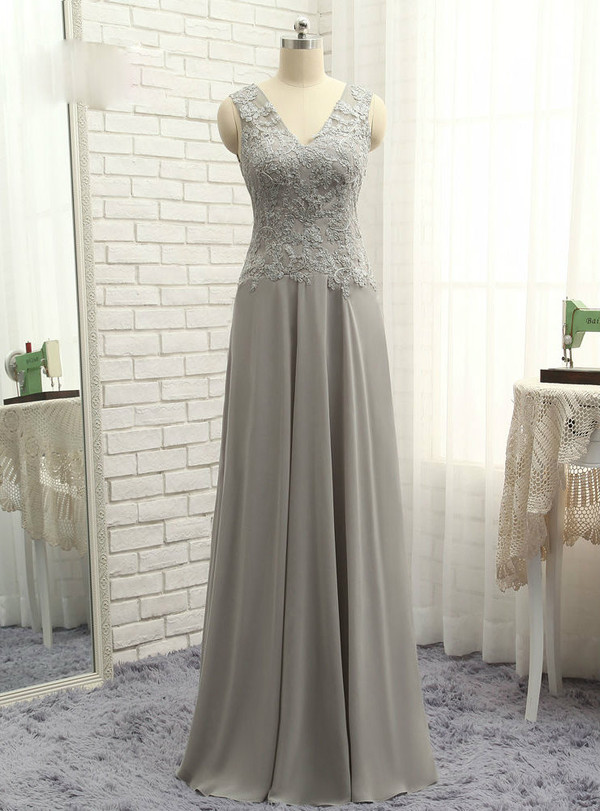 Latest  Gray 2017 Mother Of The Bride Dresses A-line V-neck Chiffon Lace