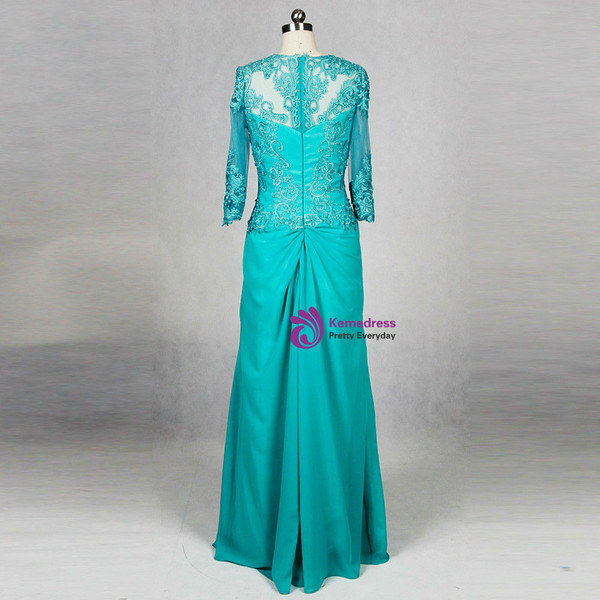 Neckline Lace 3/4 Sleeve Turquoise Chiffon Nother Of The Bride Dress With Sleeves