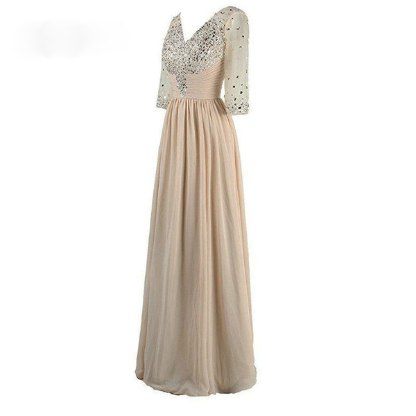 Latest 2017 Long Evening Dress With 3/4 Sleeves V-neck Beadings Chiffon