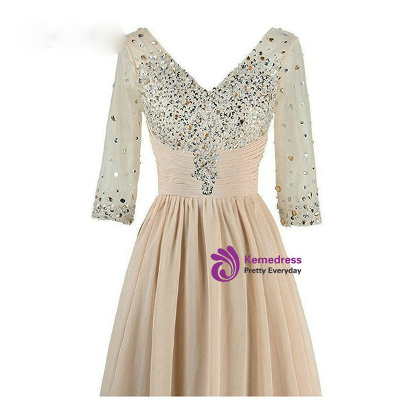 Latest 2017 Long Evening Dress With 3/4 Sleeves V-neck Beadings Chiffon