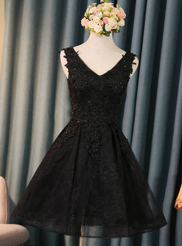 Black V-neck Homecoming Dresses Short Lace Homecoming Dresses Lace Evening Dresss