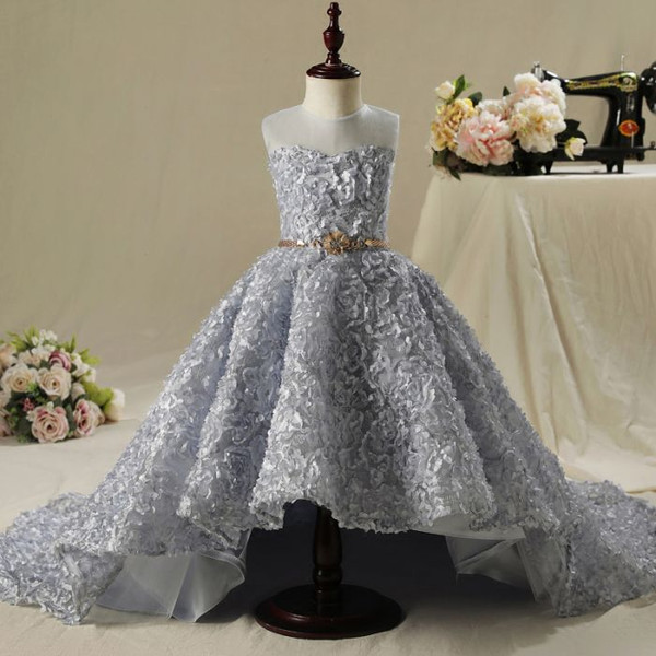 Fashion Scoop Neck Sleeveless  2017 Flower Girl Dresses Silver Ball Gown