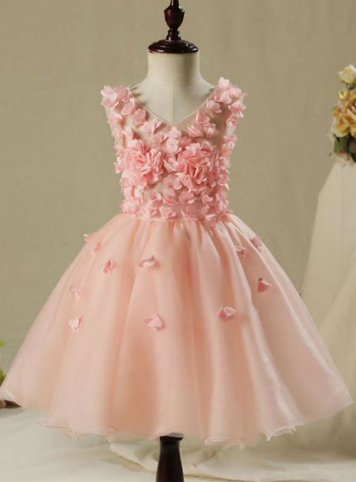 Unique 2017 Flower Girl Dresses Pearl Pink Short  V-Neck Sleeveless Appliques Flower