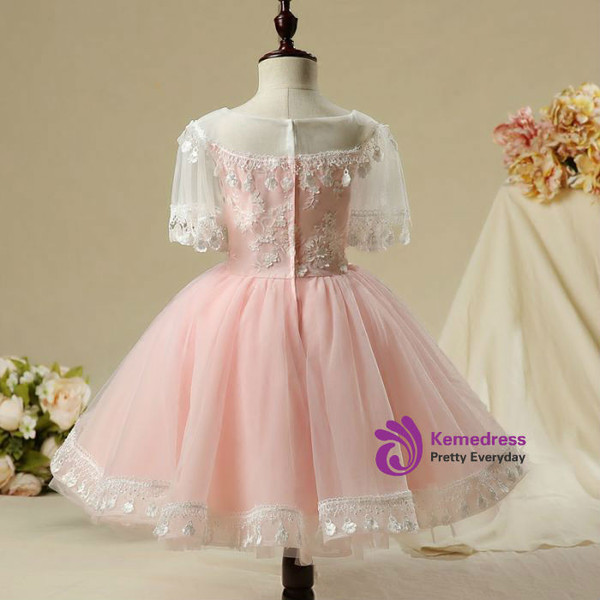 Impressive 2017 Flower Girl Dresses Blushing Pink Short Ball Gown 1/2 Sleeves Tassel Flower Appliques