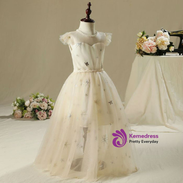 Champagne Sleeveless Braid Sash Sequins Appliques Flower Girl Dress