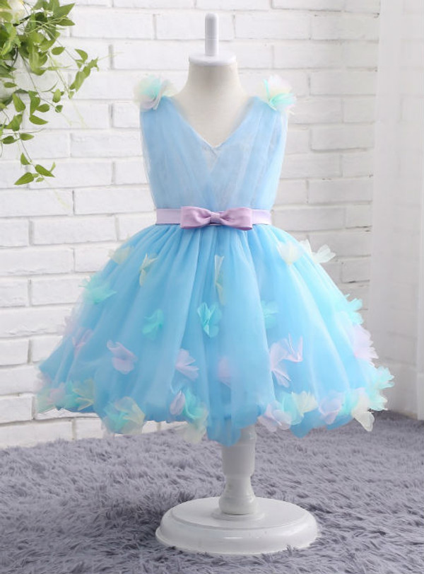 Fabulous Blue Flower Girls Dresses V-neck Ball Gown with Floral