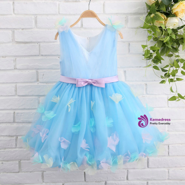 Fabulous Blue Flower Girls Dresses V-neck Ball Gown with Floral