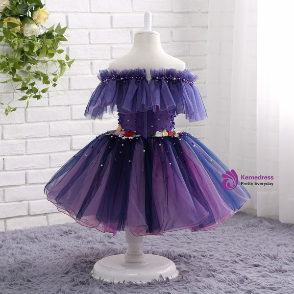 Queenly 3d Flower Applique Dress Grape Flower Girl Dresses Off the Shoulder