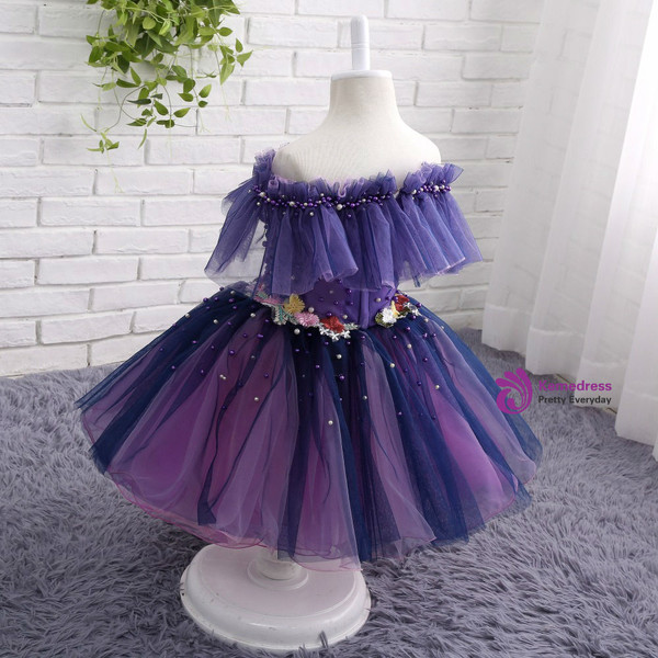 Queenly 3d Flower Applique Dress Grape Flower Girl Dresses Off the Shoulder