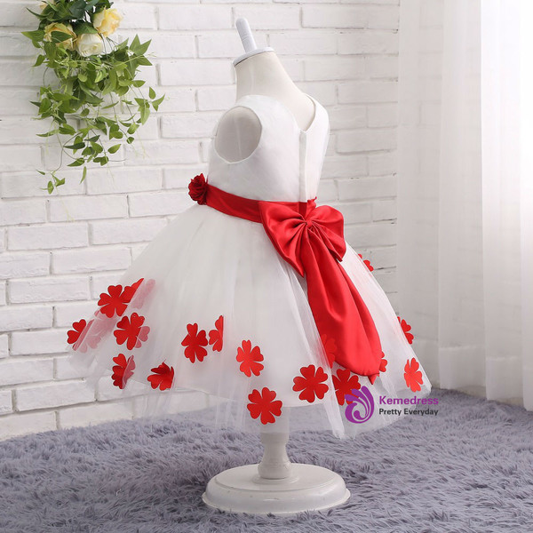 Fashion White Red Flower Girl Dress with Belt Floral V-neck Ball Gown