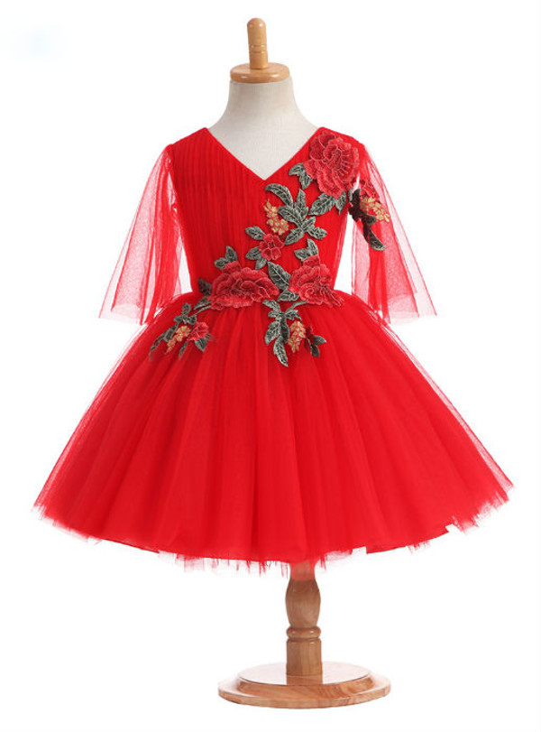 Stunning 2017 Ball Gown Ruby Flower Girl Dresses Tulle V Neck Flowers Appliques Tea Length