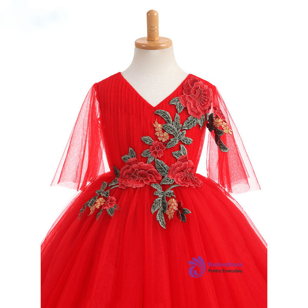 Stunning 2017 Ball Gown Ruby Flower Girl Dresses Tulle V Neck Flowers Appliques Tea Length