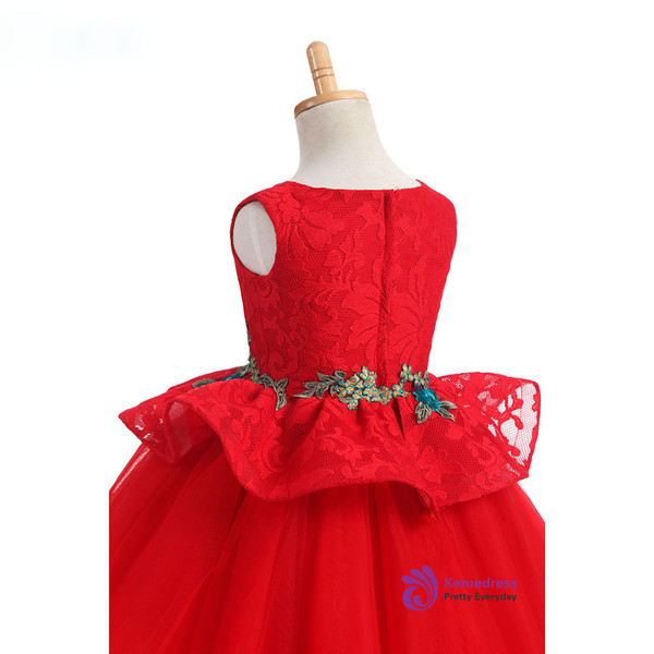 Gorgeous 2017 New Arrival Ball Gown Ruby Flower Girl Dresses for Weddings V Neck Flowers Appliques