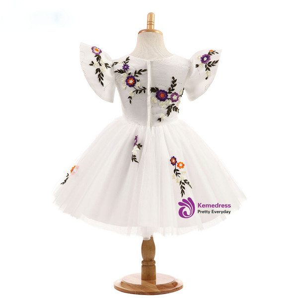 Simple 2017 Ball Gown Scoop Real Photos Flower Girl Dresses Flowers Appliques Tulle Knee Length