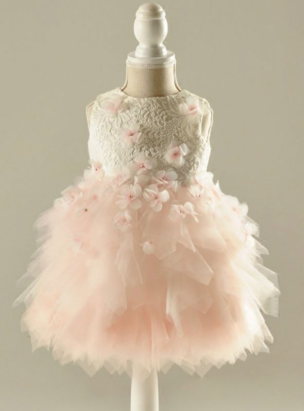 Simple Real photos pink Flower girl dresses for weddings Ivory lace ball gown