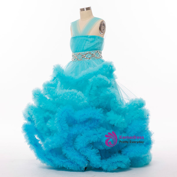 Fashion Blue Pageant Dresses For Girls Glitz Ball Gown Cloud Flower Girl Dresses