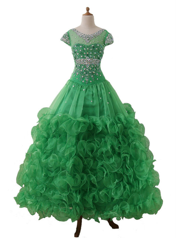 Princess Green Child Pageant Party Dress 2017 Beaded Cap Sleeve Kids Flower