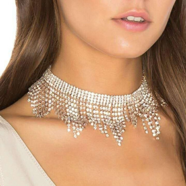 Unique Shining Alloy Diamante Tassels Choker Necklace