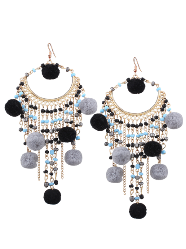 Cheap Fuzzy Ball Beaded Finged Tassel Earrings