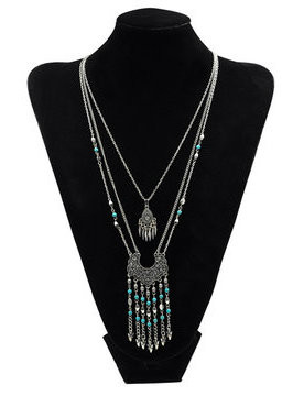Cheap Vintage Three Chain Layered Necklace With Tassels Details