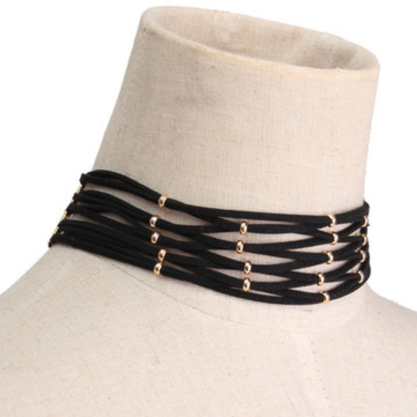 Cheap Black Suede Ribbon Gold Plated Bead Choker Necklace