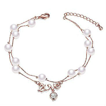 Love with Zircon and Faux Pearls Rose Gold 18K Gold Plated Layered Bracelet