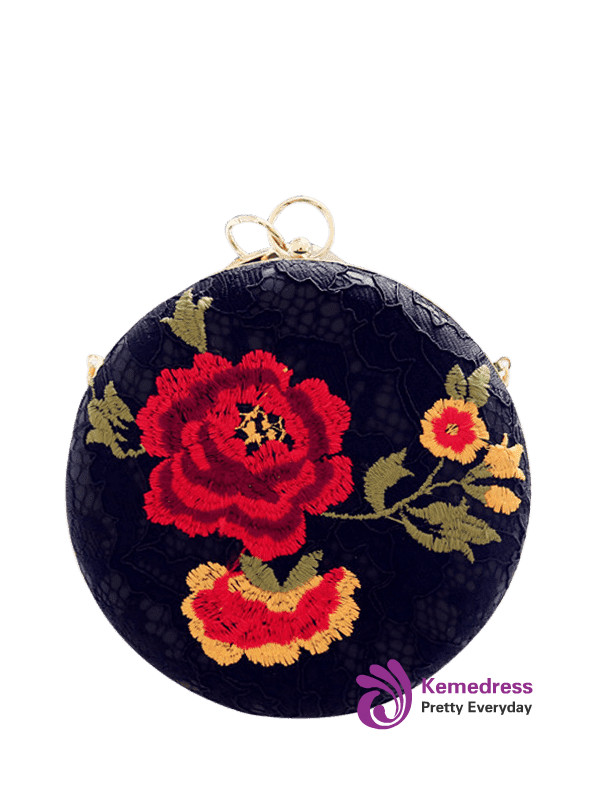 Fashion Embroidery Metal Ring Clutch Bag