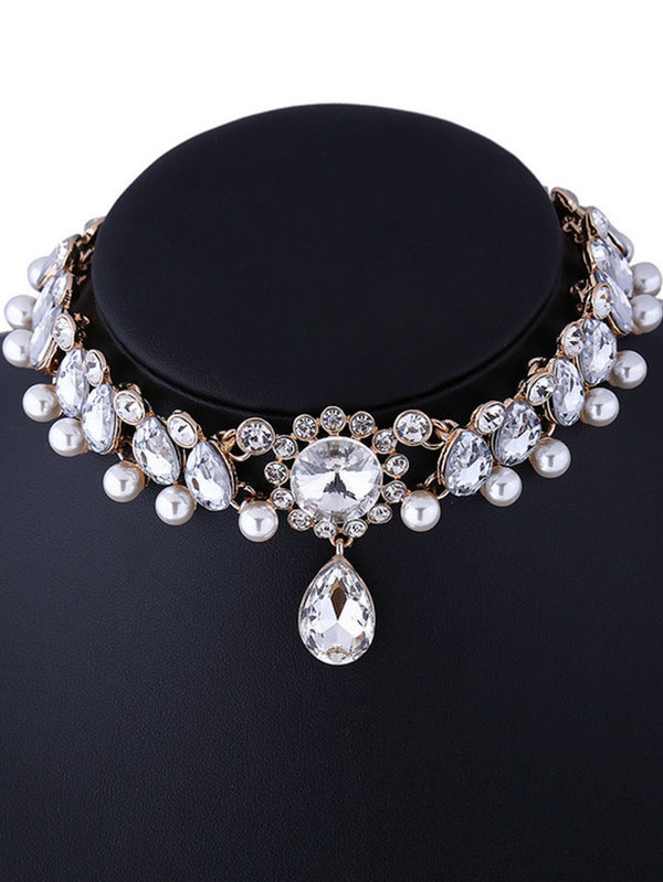 Fashion Retro Rhinestone Pearl Blend Choker Necklace