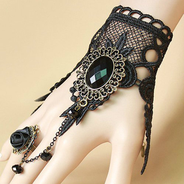 Cheap Faux Gem Lace Bracelet with Rose Ring