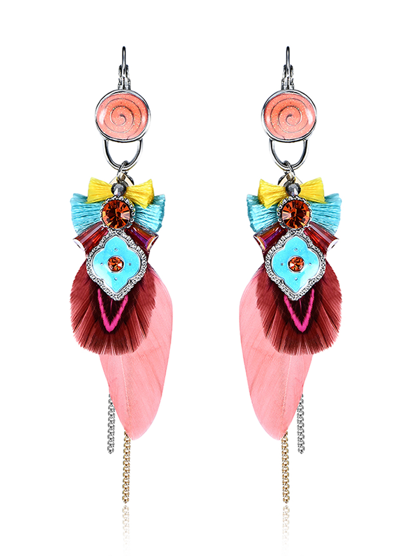 Flower Fringed Earrings Rhinestone Feather