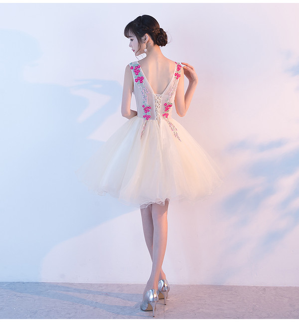 Straps Sexy Illusion  Ball Gown Prom Dresses Short 2017 V-neck Shoulder