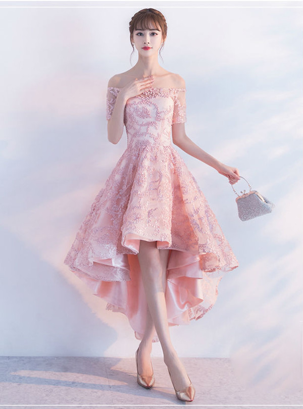 Pink Off The Shoulder High Low Homecoming Dresses