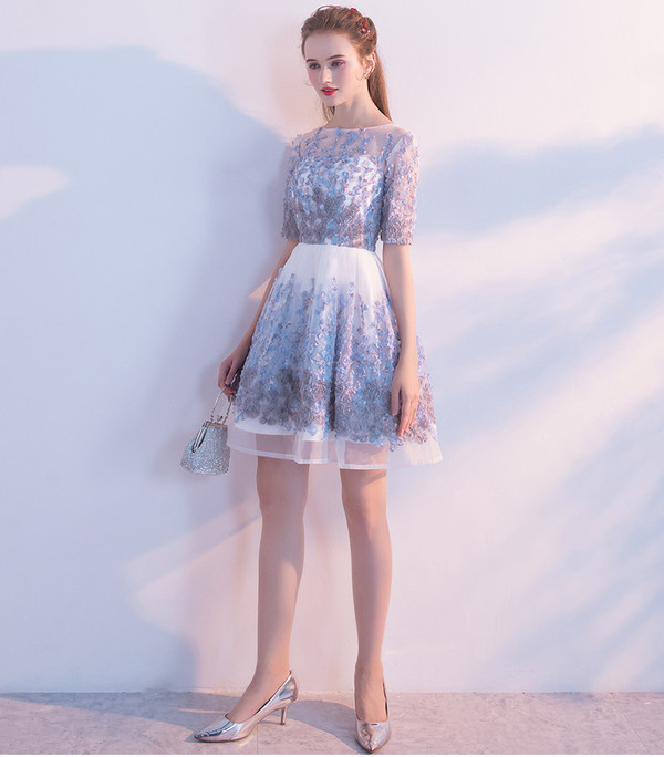 O-neck Knee-Length Homecoming Dresses With Sleeves Elegant