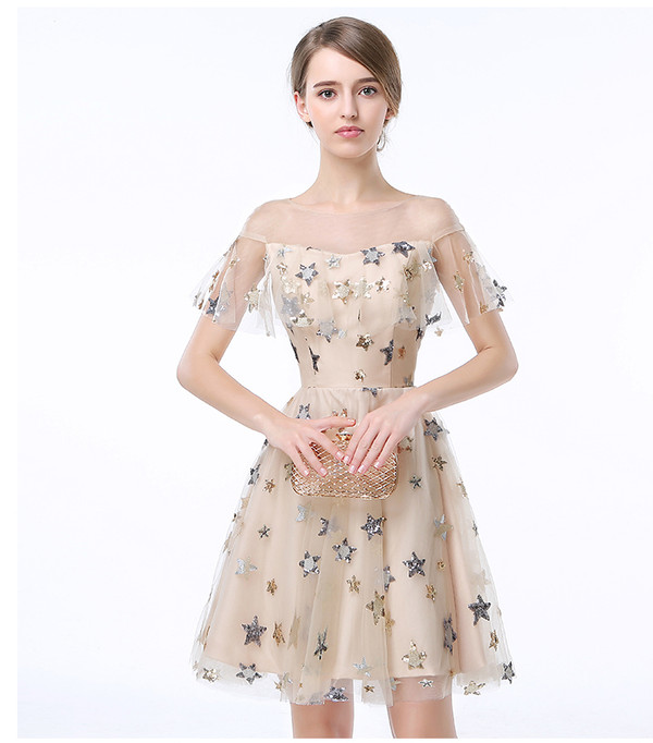 Homecoming Dresses With Ruffles Cap Sleeves  2017 Summer Champagne