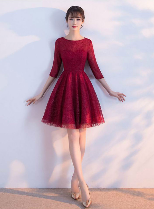 Prom Dresses Short 2017 Elegant O-neck Half Sleeves Lace Burgundy