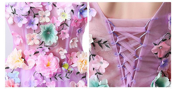 Prom Dress Luxury Flowers Evening Party Pink Long Sleeves Short